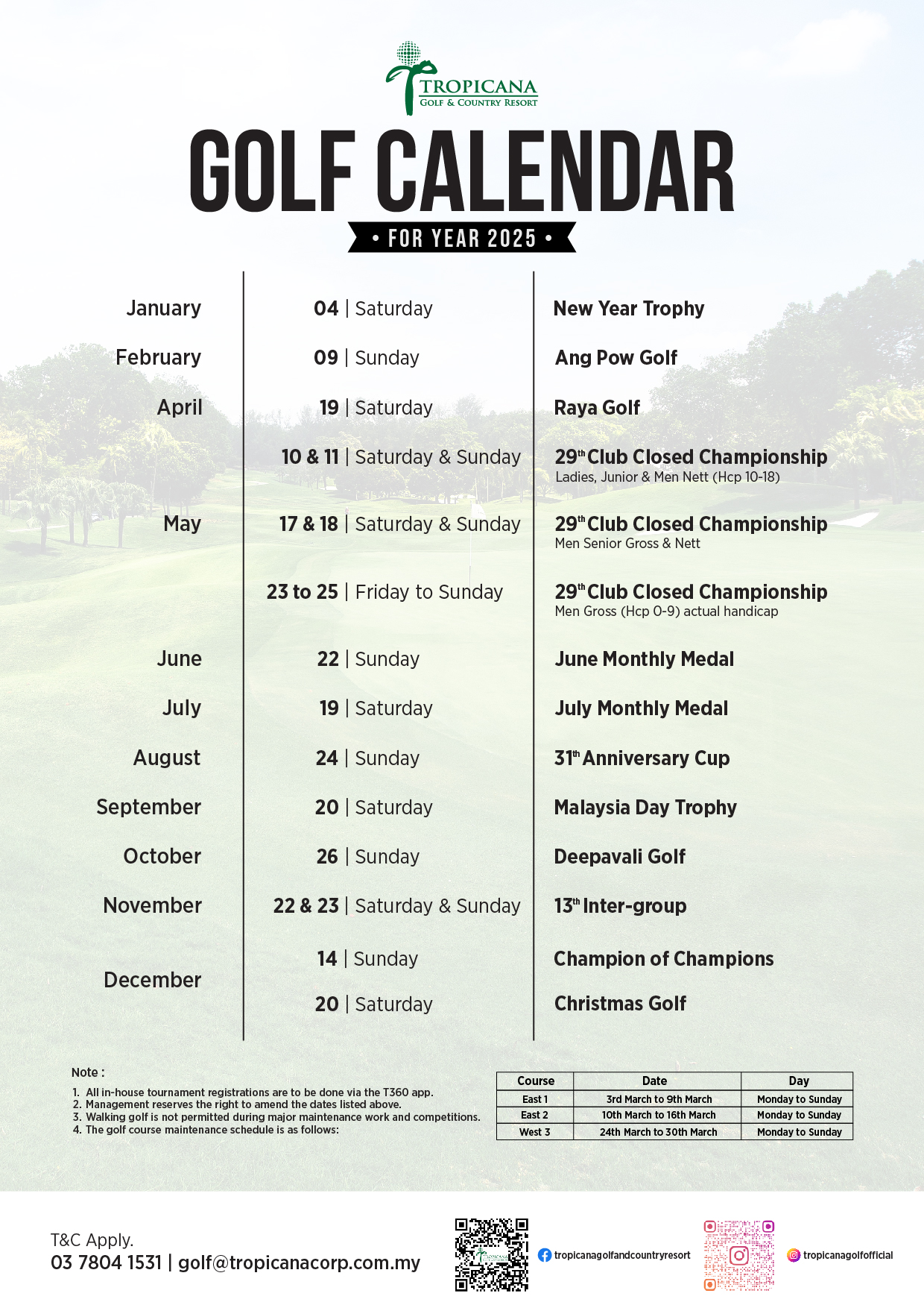 2025 Golf Calendar