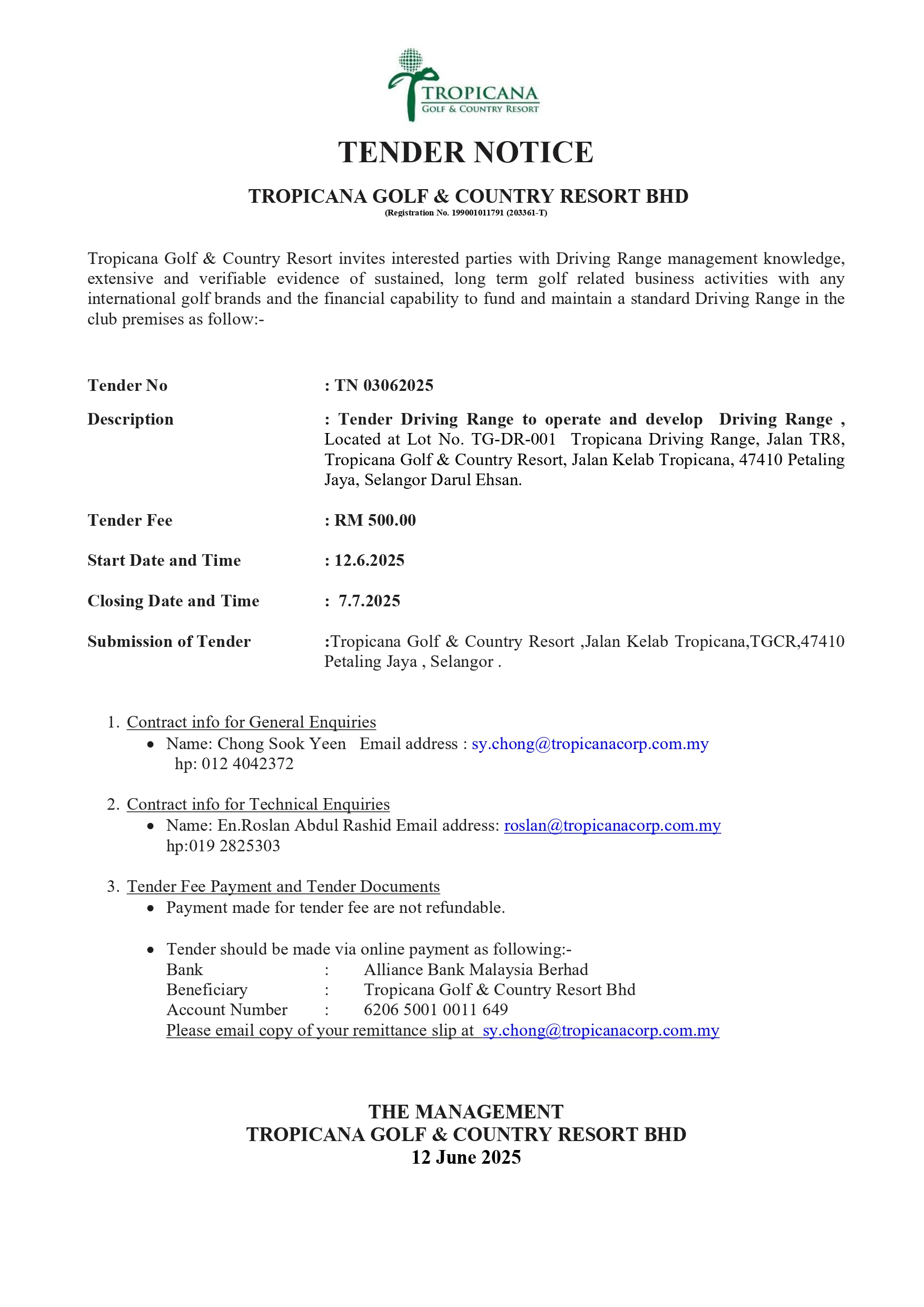 TGCR DRIVING RANGE - TENDER NOTICE !!!